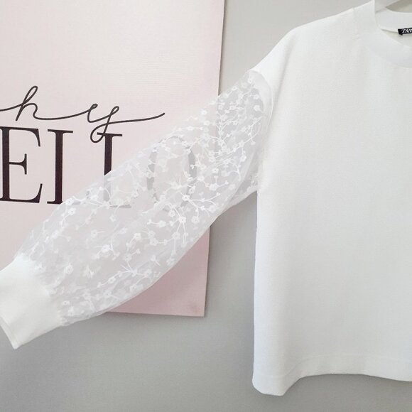 EUC Zara white sweatshirt top w/ sheer floral print sleeves, XS - Picture 13 of 16